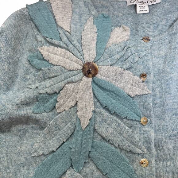 COLDWATER CREEK Wool Rabbit Hair Blend Floral Appliqué Button Cardigan Sweater L - Picture 3 of 6